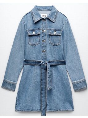 Zara Light Blue Belted Denim Jacket Dress